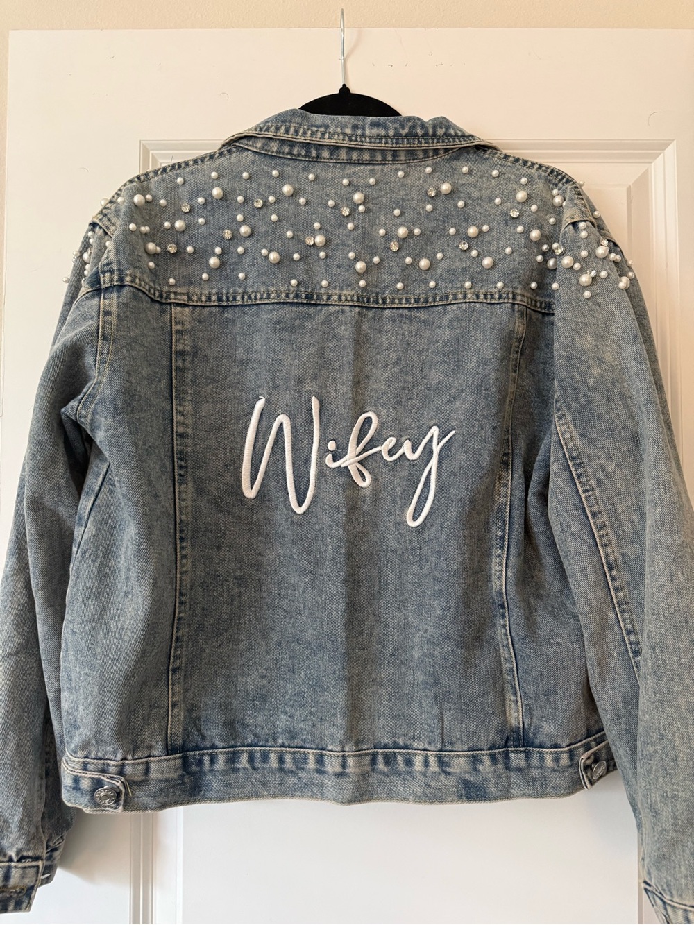 Denim 'Wifey' Pearl-Accent Jacket - Light Blue